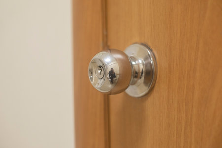 Metal door handle. Round handle to open the wooden door. Furniture fittings.の写真素材