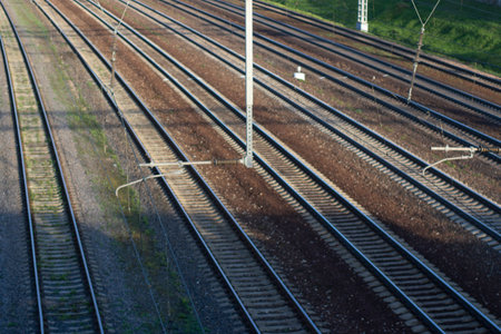 Railway overhead view. Rails for trains. Place of movement of electric transport. Railway in the...
