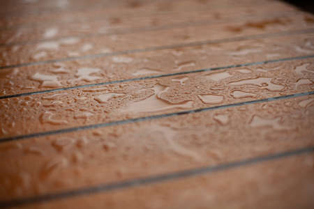 Wet board. Water droplets on the surface. Details of the bench in rainy weather. Wet seat.の写真素材