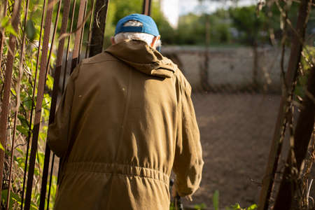 An elderly man in Russia in the garden. Old grandfather in the summer in a green jacket. A person walks in nature during the day. Light illuminates the man's back.の写真素材