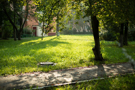 Light on the street. Green lawn near the house. Path in the yard. View of the street in a quiet area of the city.の写真素材