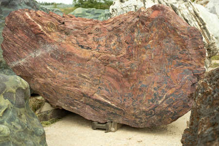 Red stone. Big cobblestone. A piece of rock to install in the garden. Park landscape. A large rock lies on the street. Rusty color of the block.の写真素材