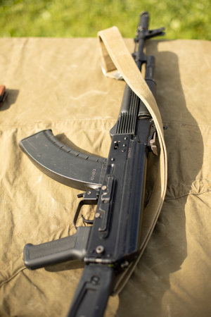 Firearms for training. The machine is on the table. Reliable small arms. Details of military training.の写真素材