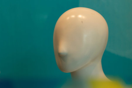 The face of the mannequin without details. Plastic head to show clothes. Mannequin with nose. The absence of eyes and ears on the head of the sculpture.の写真素材