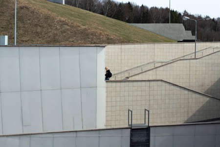 Staircase at the pedestrian crossing. Place of descent by steps. Pedestrian infrastructure in the city.の写真素材