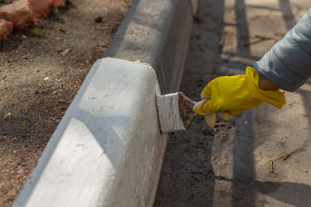 Painting borders with white paint. Applying oil paint to asphalt. Creation of markings for pedestrians. Paint brush. Work as a painter. Painting the surface with a thick layer of paint.の写真素材