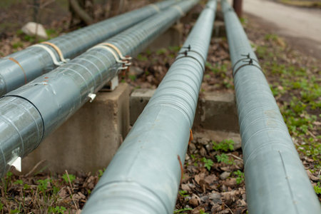 Heating pipes in the city. Stainless steel on city communications. Gas pipes on the surface.