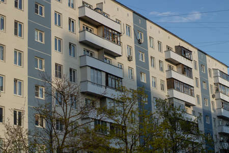 Building in the city. Simple structure. The house is in detail. Facade wall.の写真素材