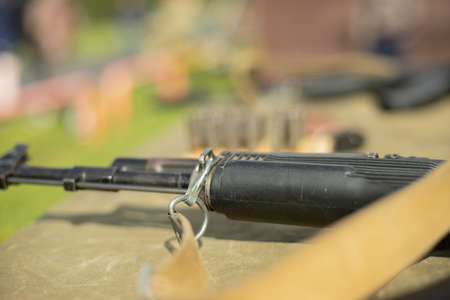 Firearms for training. The machine is on the table. Reliable small arms. Details of military training.の写真素材
