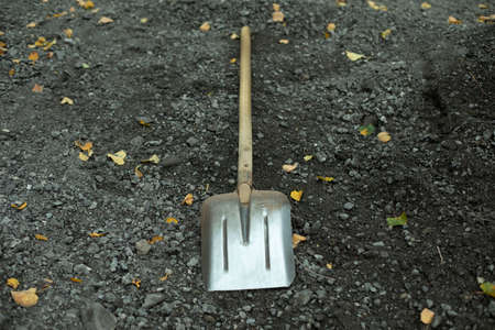 Shovel. Building instrument for bulk materials. The shovel lies on the asphalt.の写真素材