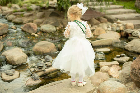 Preschooler in a white dress. Child in the park. The girl looks at the stream. The bridesmaid is walking. Child at the party.の写真素材