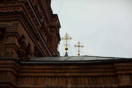 Ancient Orthodox church. Red brick church. Details of old architecture. Brick structure.の写真素材