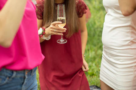 The girls are holding glasses in their hands. Friends drink wine at a picnic. Girls in nature drink alcohol. Summer vacation. Women in dresses are holding glasses of champagne.の写真素材