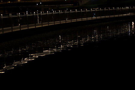 Reflection of light in water at night. City pond in the dark. Glare in dark water.の写真素材