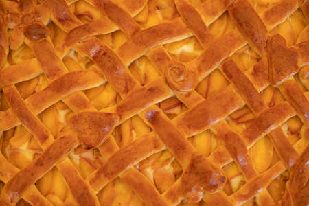 Baked pie. Ruddy pie from the village. Delicious pastries. Texture Russian cuisine. National food in Russia.の写真素材