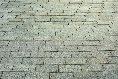 The repetitive texture of the stone in the pedestrian zone. Stone blocks are laid in a row.の写真素材