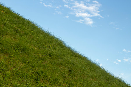 Green hill. Lawn against the sky. The combination of green and blue branches in the frame. Homogeneous grass and sky with white clouds.の写真素材