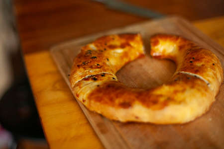 Bread in the kitchen. Fresh pastries. Ruddy dough. Delicious oriental bun.の写真素材