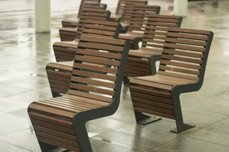 Chairs for waiting for transport. Details of the bus station. Seats for passengers waiting for the...