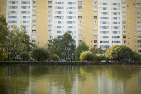 Pond in the city. Lake in the park. A place for walking.