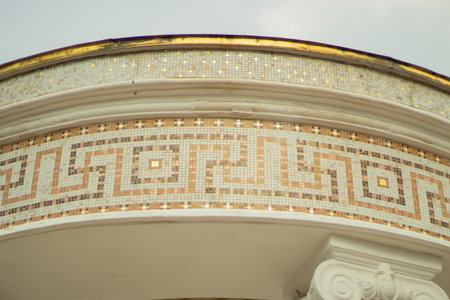 Details of 18th century architecture. Gazebo made of stone. Old style in the city. Rotunda of white...