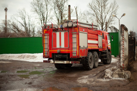 Fire truck in Moscow. Special equipment for extinguishing fire. The car is red. Truck with rescue...