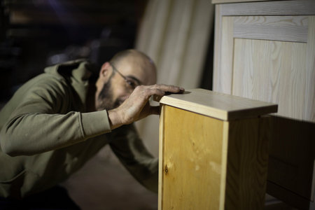Carpenter makes furniture. joinery. Man holding closet shelf. Create cabinet project.