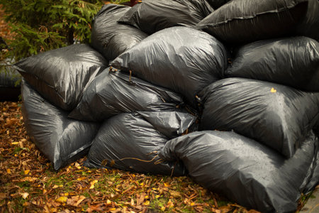 Garbage bags. Black waste bags. Garbage dump. leaf harvesting.の写真素材