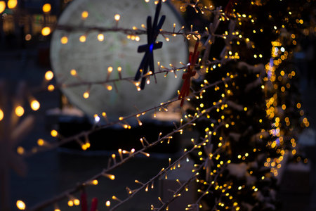 New Year's garlands. Lights in street. decoration of the city. Blurry background of LED garlands.