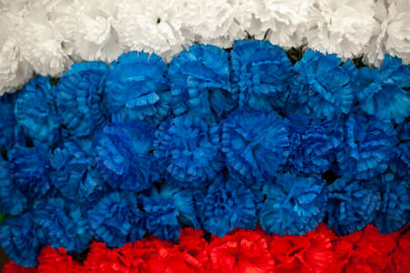Flag of Russia is made of flowers. White, blue and red. Artificial flowers depict three colors. Texture of symbol of Russia.の写真素材