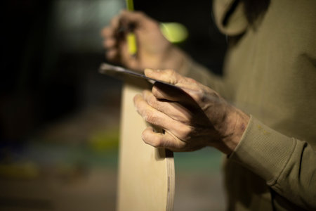 Carpenter holds board. Details of woodwork. joinery. Work on assembly of furniture.