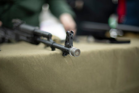 Russian weapons. Schoolchildren are preparing for war. Details of military training. Firearm...