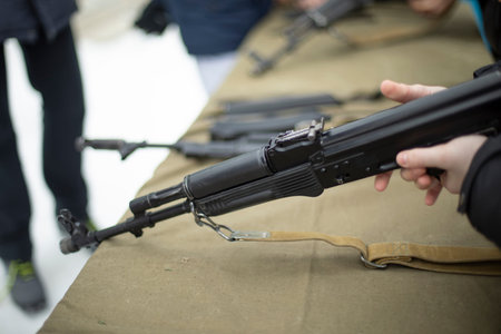 Russian weapons. Schoolchildren are preparing for war. Details of military training. Firearm...