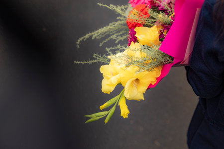 Posy. Congratulatory bouquet for holiday. Flowers are gathered together. beautiful sign of attention.の写真素材