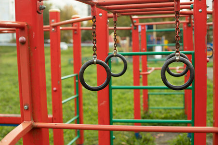 Rings on the playground. Details of the area for street training. Sports equipment on the ground.