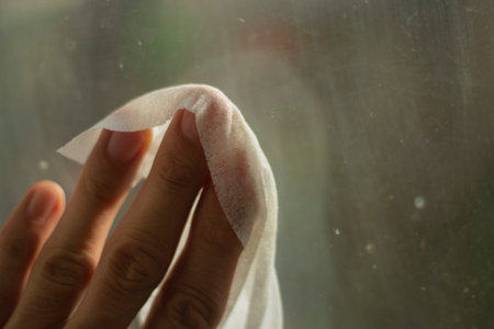 Wiping window from dirt. Cleaning room. Erasing dust with dampcloth. Background bringing order to...