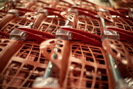 Baskets for products. supermarket details. Red plastic containers.