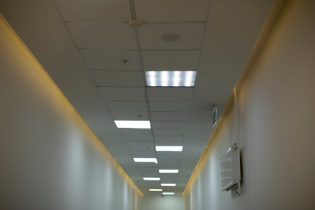 lamps in hallway. Light on ceiling. Details of office building. Fluorescent lamps.