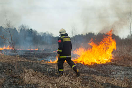 A firefighter extinguishes dry grass. A firefighter is fighting a fire in an open area. Rescuer actions against flames. An ecological catastrophe burns a dry field.の写真素材