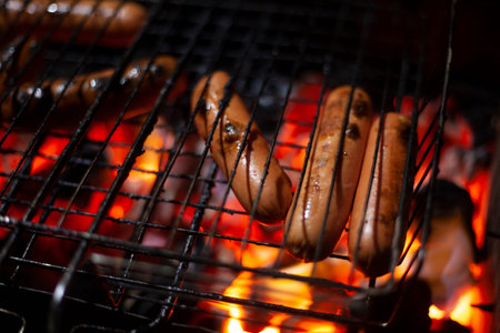Sausages are roasted over fire. Barbecue in the evening on the street. Cooking meat on open flame....
