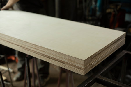 Carpentry, woodwork and furniture industry concept - close up of wooden table in workshopの写真素材