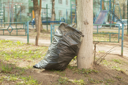 Garbage in bag on street. Yard cleaning. black package. Restoring order in territory.の写真素材