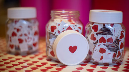 Hearts in jar. handmade stickers. Jars of stickers. glass jar.