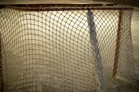 Gate for playing hockey. Hockey stadium details. Net on gate. Ice rink.の写真素材