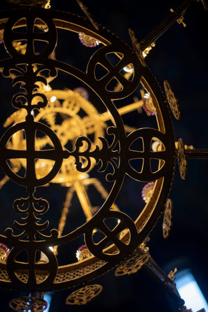 Ancient chandelier in Temple. Golden chandelier in church. Interior of beautiful building. old...