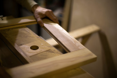 Carpenter makes wood. board processing. Details of carpentry workshop.