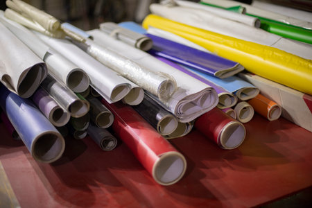 Film with glue. Rolls of paper of different colors. advertising material. Lots of rolls with adhesive film.の写真素材