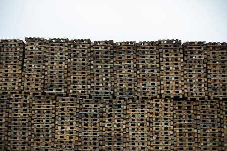 wooden pallets. Warehouse of wooden products on street. industrial zone. wood products.の写真素材