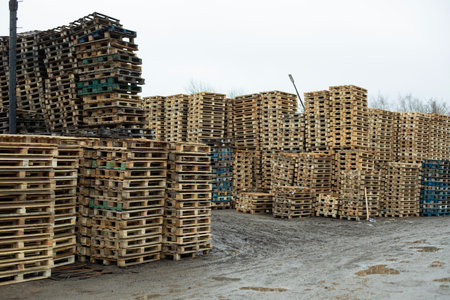 wooden pallets. Warehouse of wooden products on street. industrial zone. wood products.