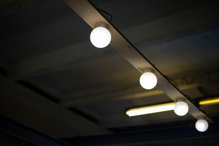 Lights on ceiling. light in room. round lamps. Ceiling in stock.